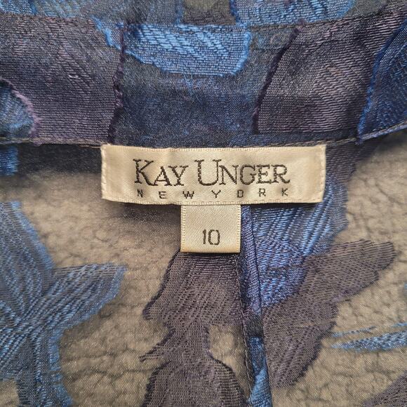 Kay Unger Dress 10 Blue Floral Sheer Button Front Overlay Midi Collared Party - Picture 7 of 9